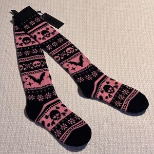 Dolls Kill Widow Intarsia Cat Socks Skull Bat Hearts Pink Black Knee High NWT